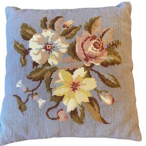 Vtg Floral Needlepoint Throw Gray‎ Pillow Zip Velvet Back Cottagecore Victorian
